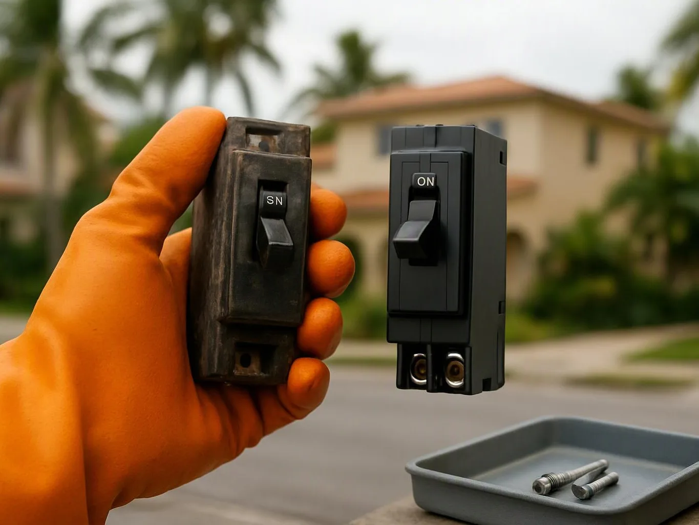 An orange-gloved hand holds an old switch beside a newer black switch, with screws on a tray outside a house