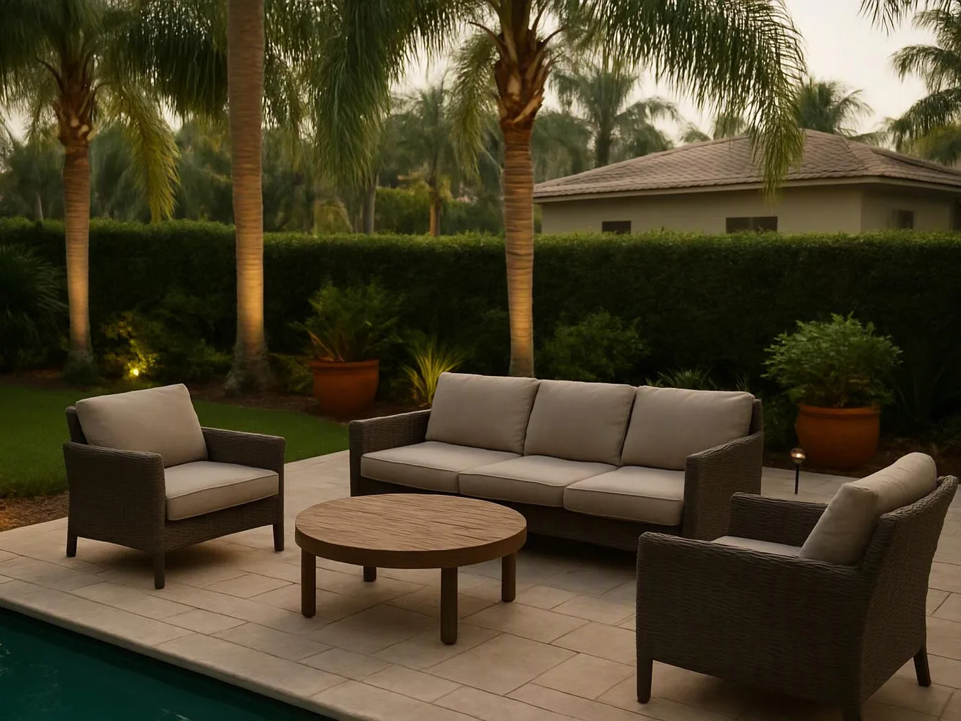 Patio seating with beige cushions sits beside a pool, surrounded by palm trees and dense hedges