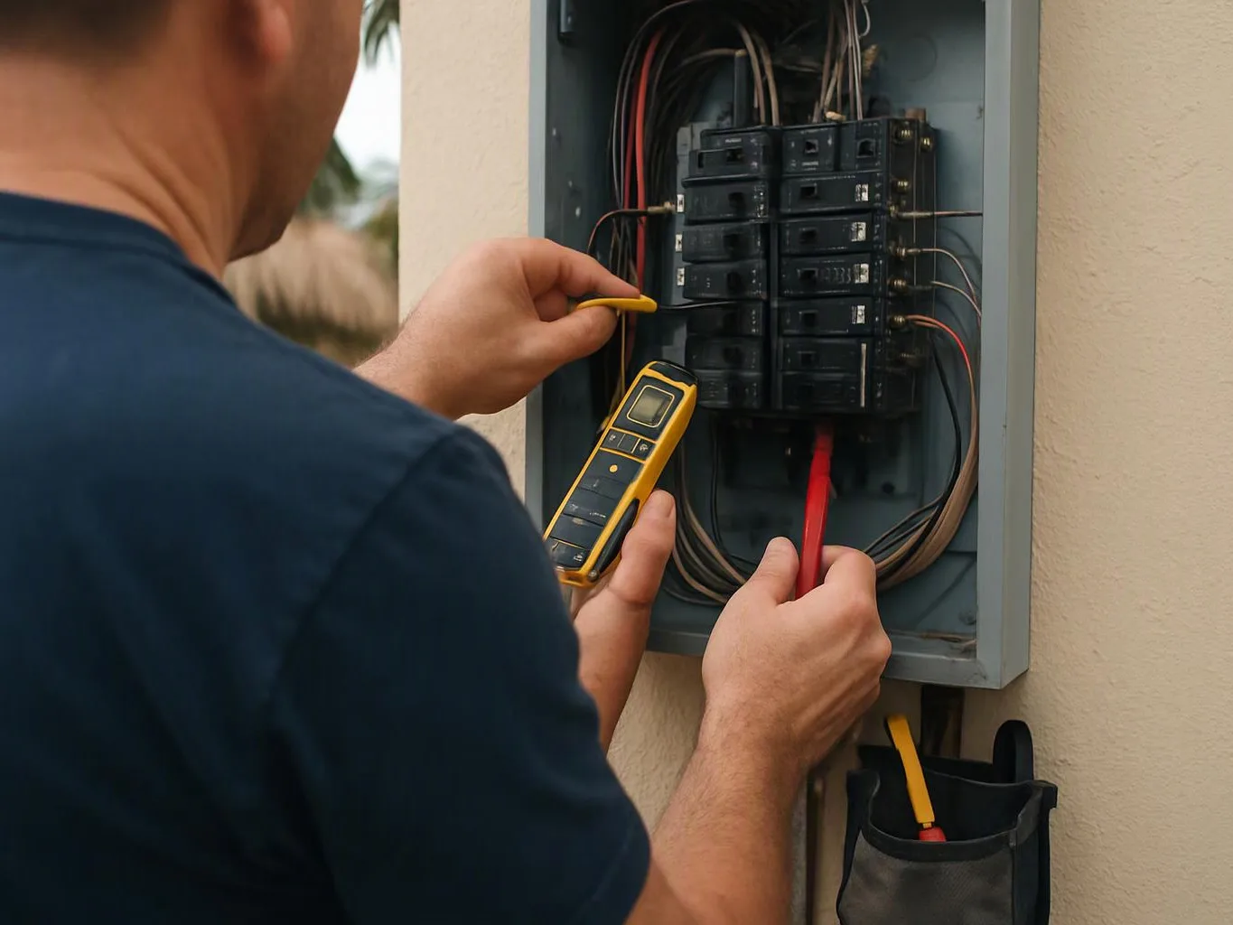 A person checks an open electrical panel with a tester and wires outside a wall