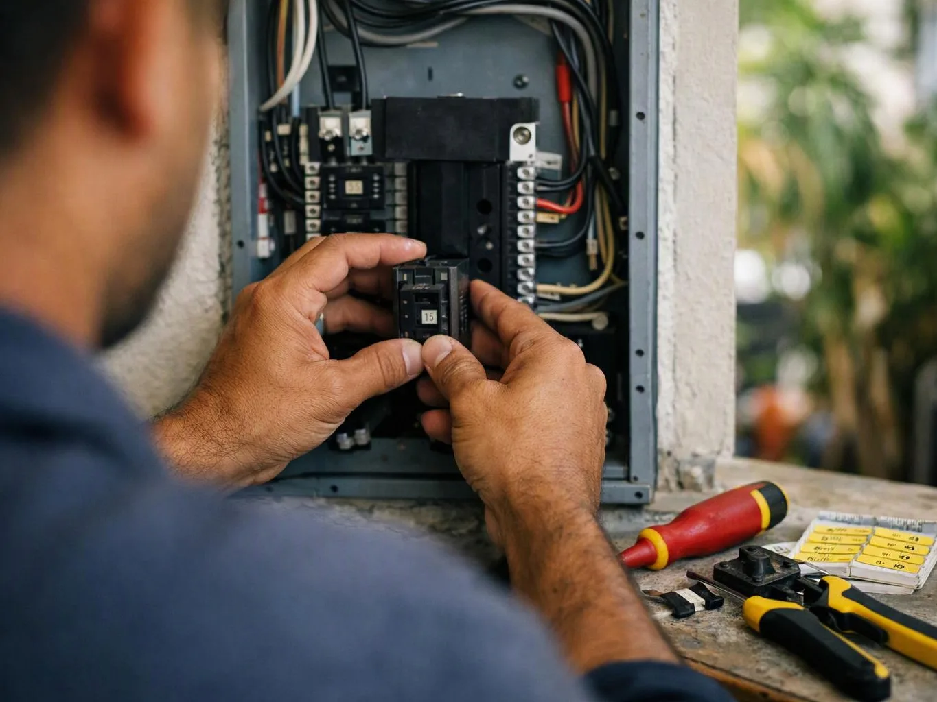 A person installs an electrical breaker inside an open panel with tools on the ledge