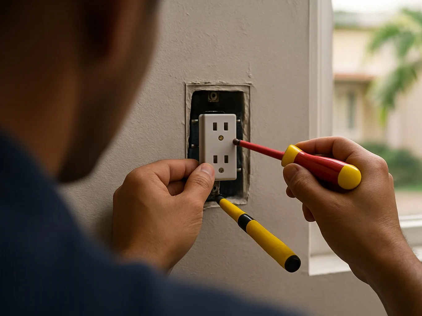 A person installs a wall outlet with two screwdrivers near a bright window