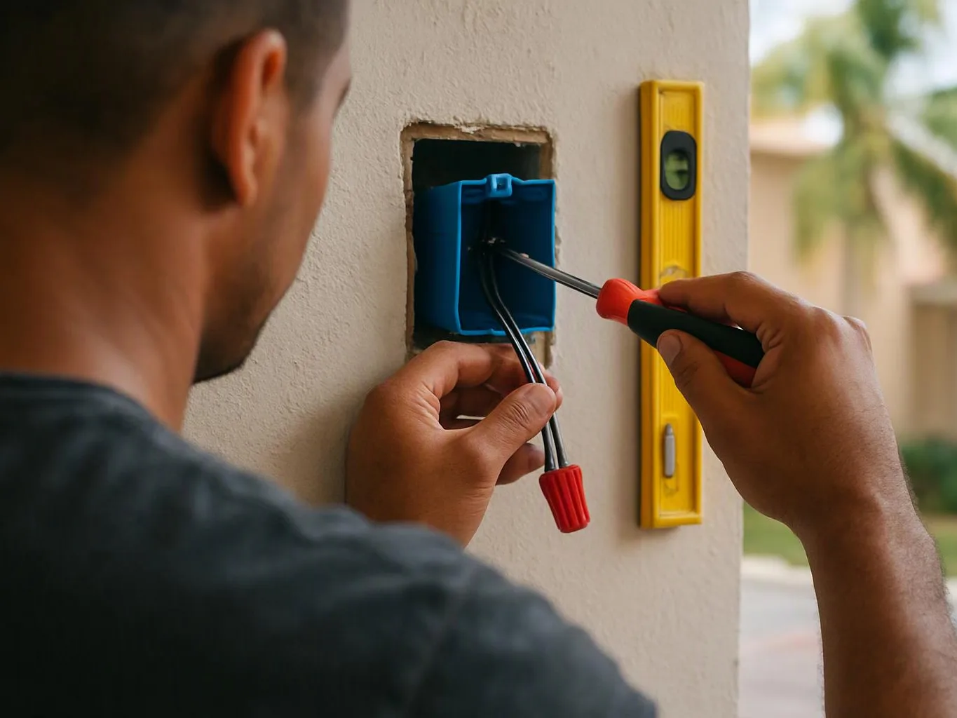 A person installs wires into a blue wall box beside a yellow level on an exterior wall