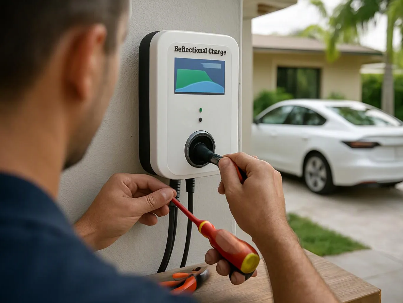 A person plugs a charging connector into a wall-mounted charger beside a parked white car outside a house