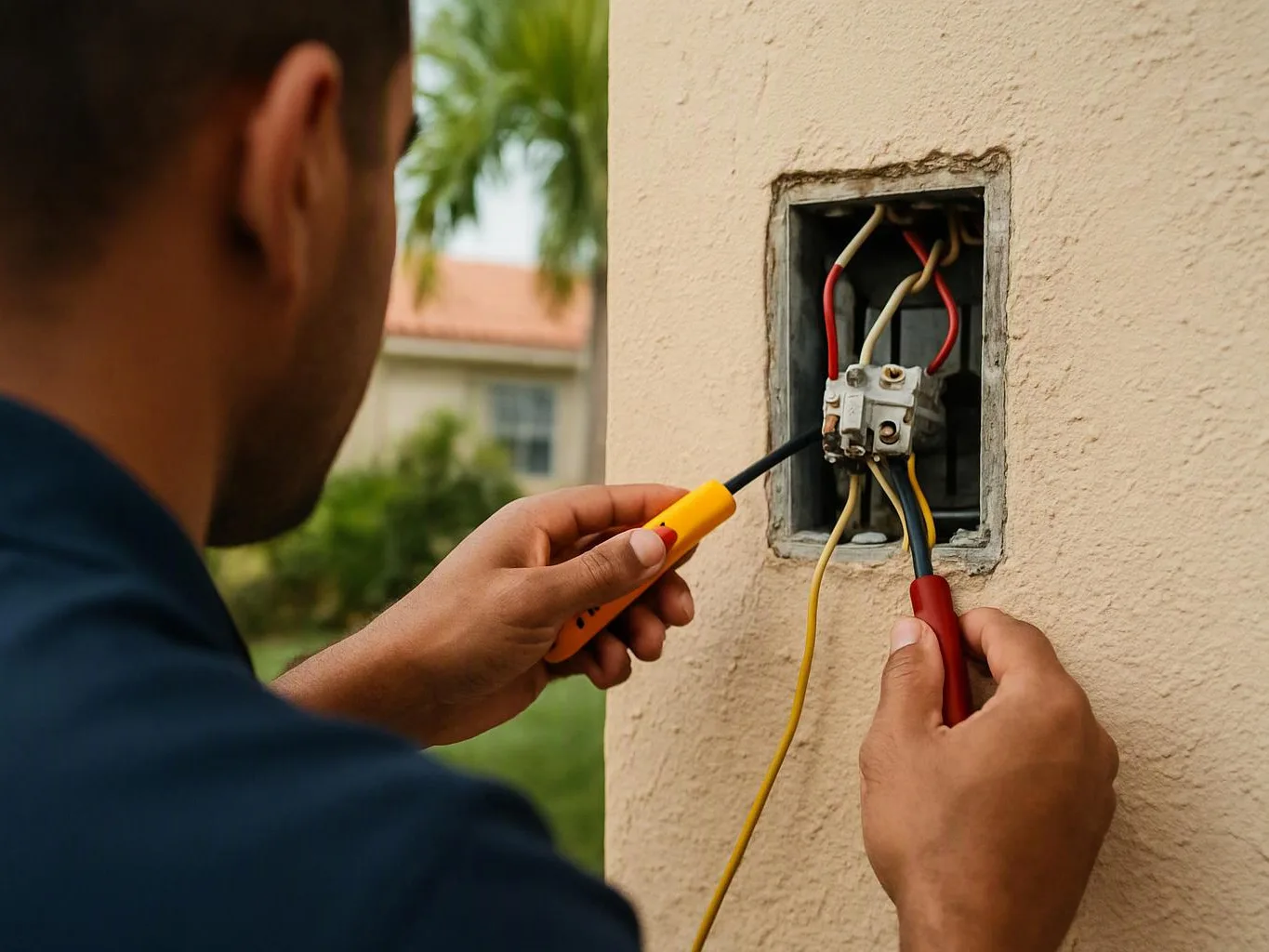 A person tests exposed electrical wiring in a wall box with two probes outdoors