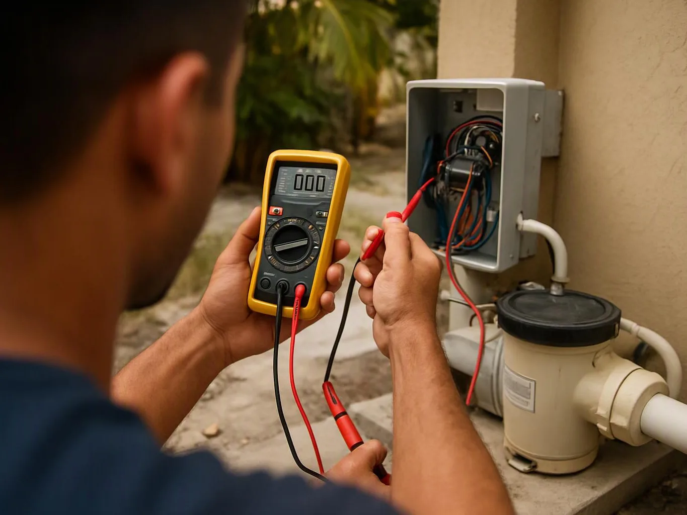 A person tests outdoor electrical wiring with a digital multimeter beside an open utility box and pump equipment