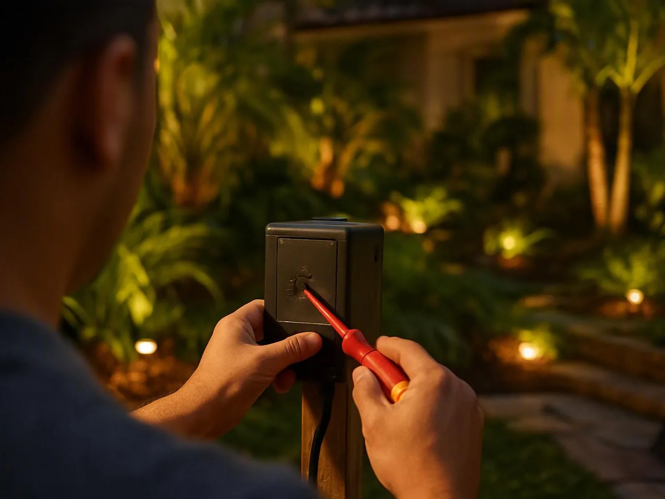 A person uses a red screwdriver to open a black outdoor electrical box in a lit garden