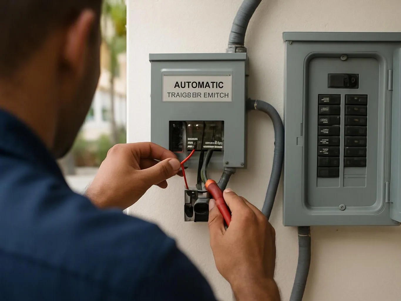 A person uses red tools to work on open electrical panels mounted on a wall