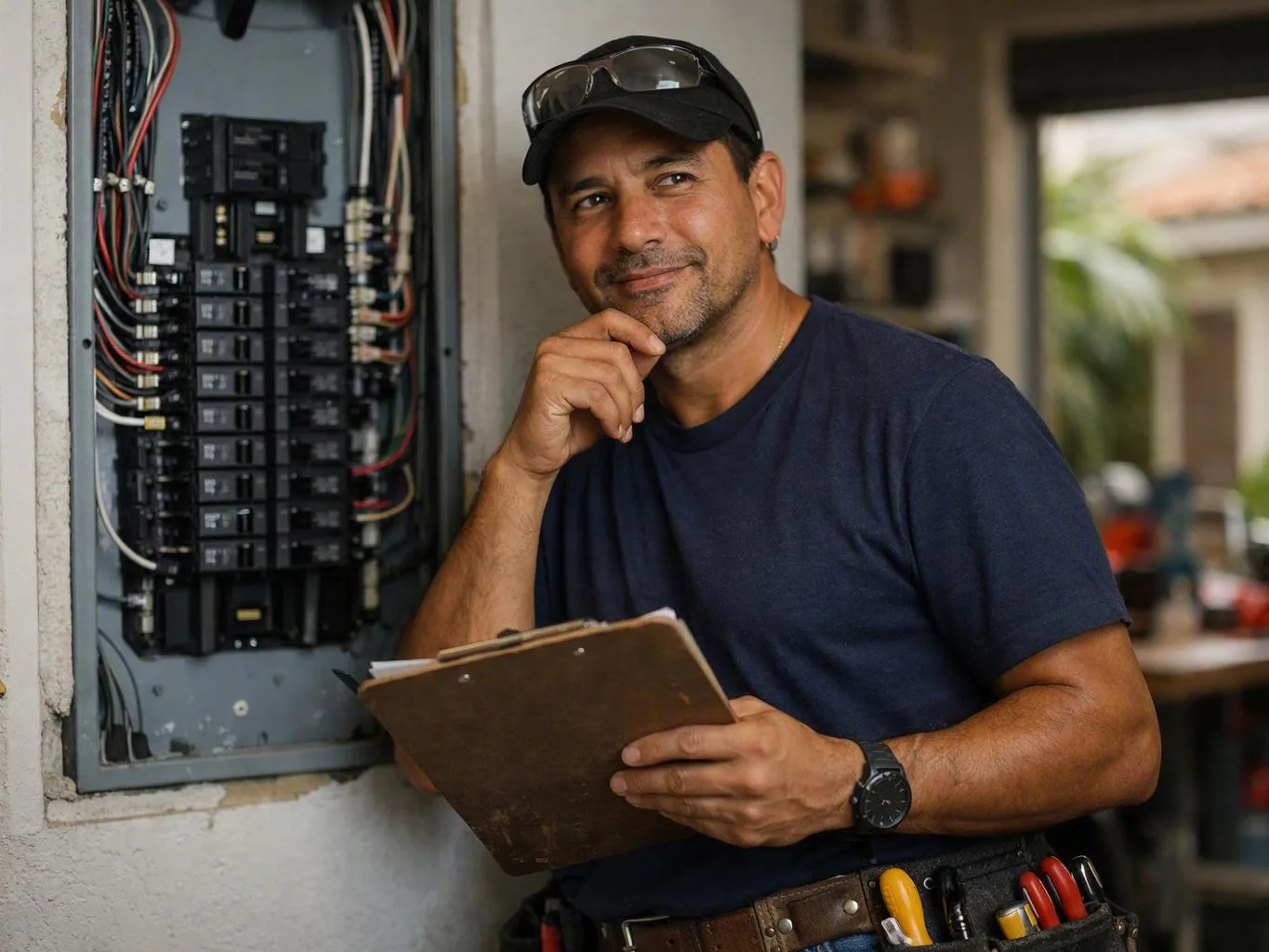 Smiling electrician holds a clipboard beside an open breaker panel in a