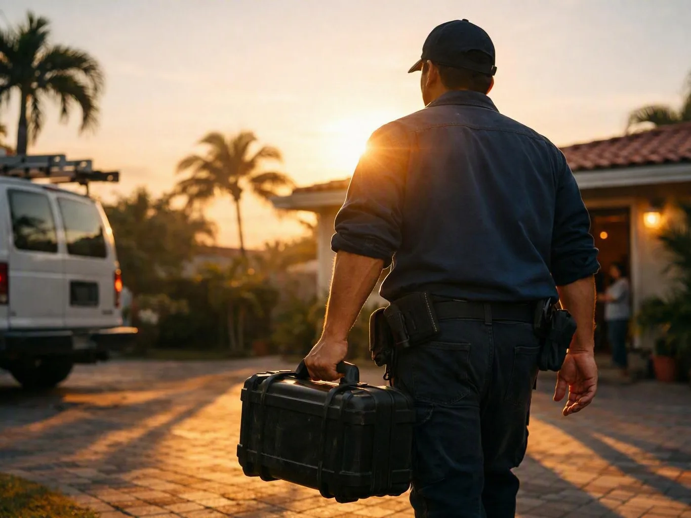 Electrician carries a black hard case down a driveway at sunset