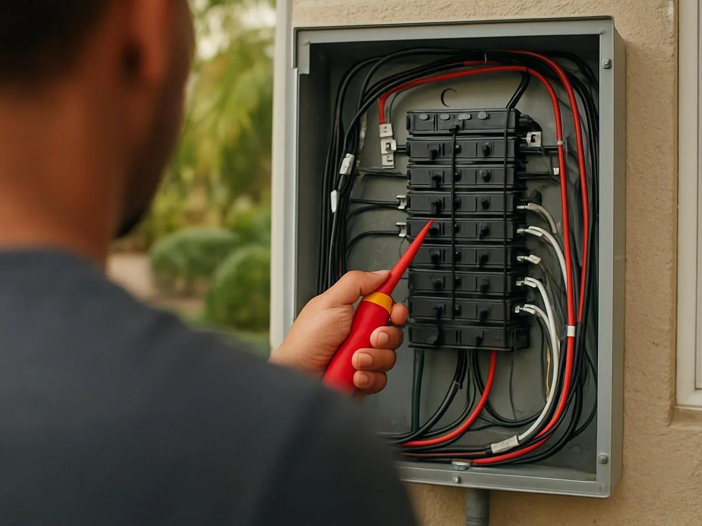 Electrician testing a breaker panel inside a condo utility room