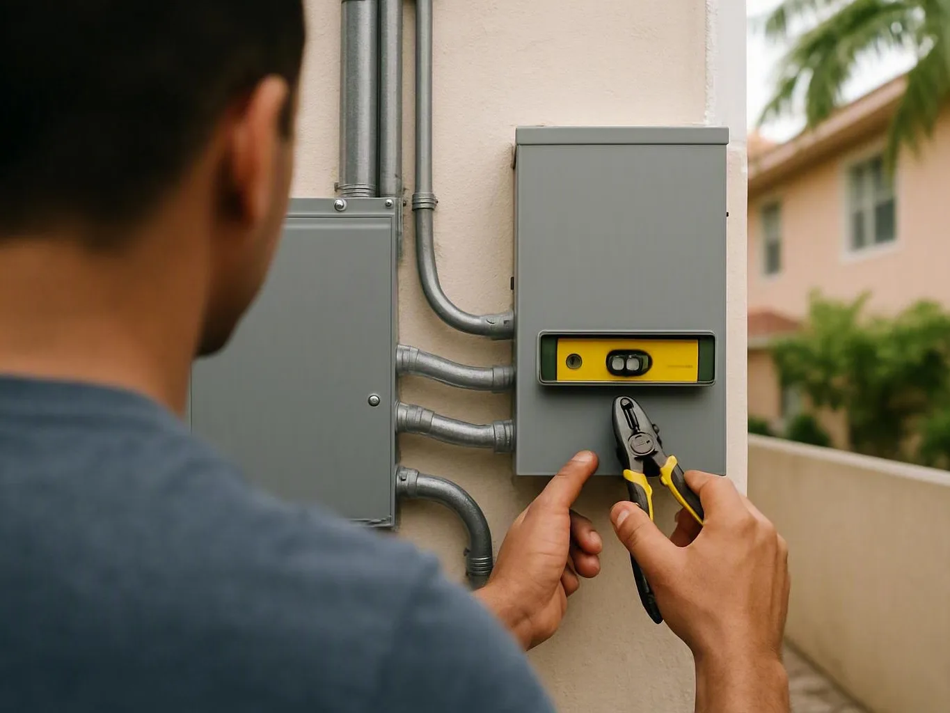 Person adjusts a gray outdoor electrical box with pliers and a yellow level
