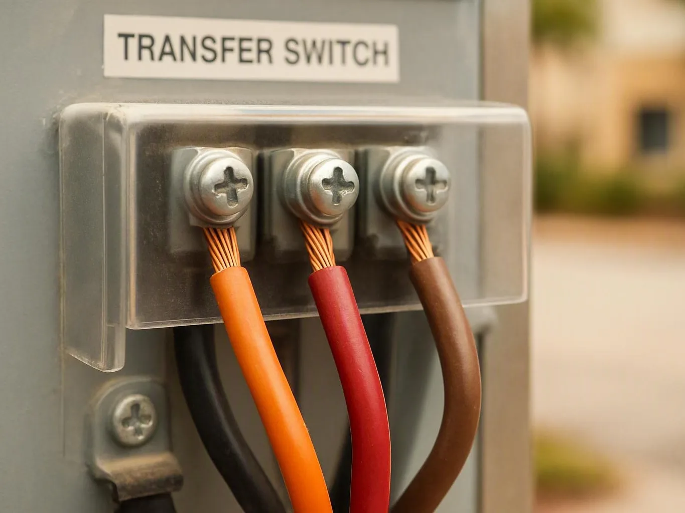 Close-up of a transfer switch with three colored wires connected beneath a