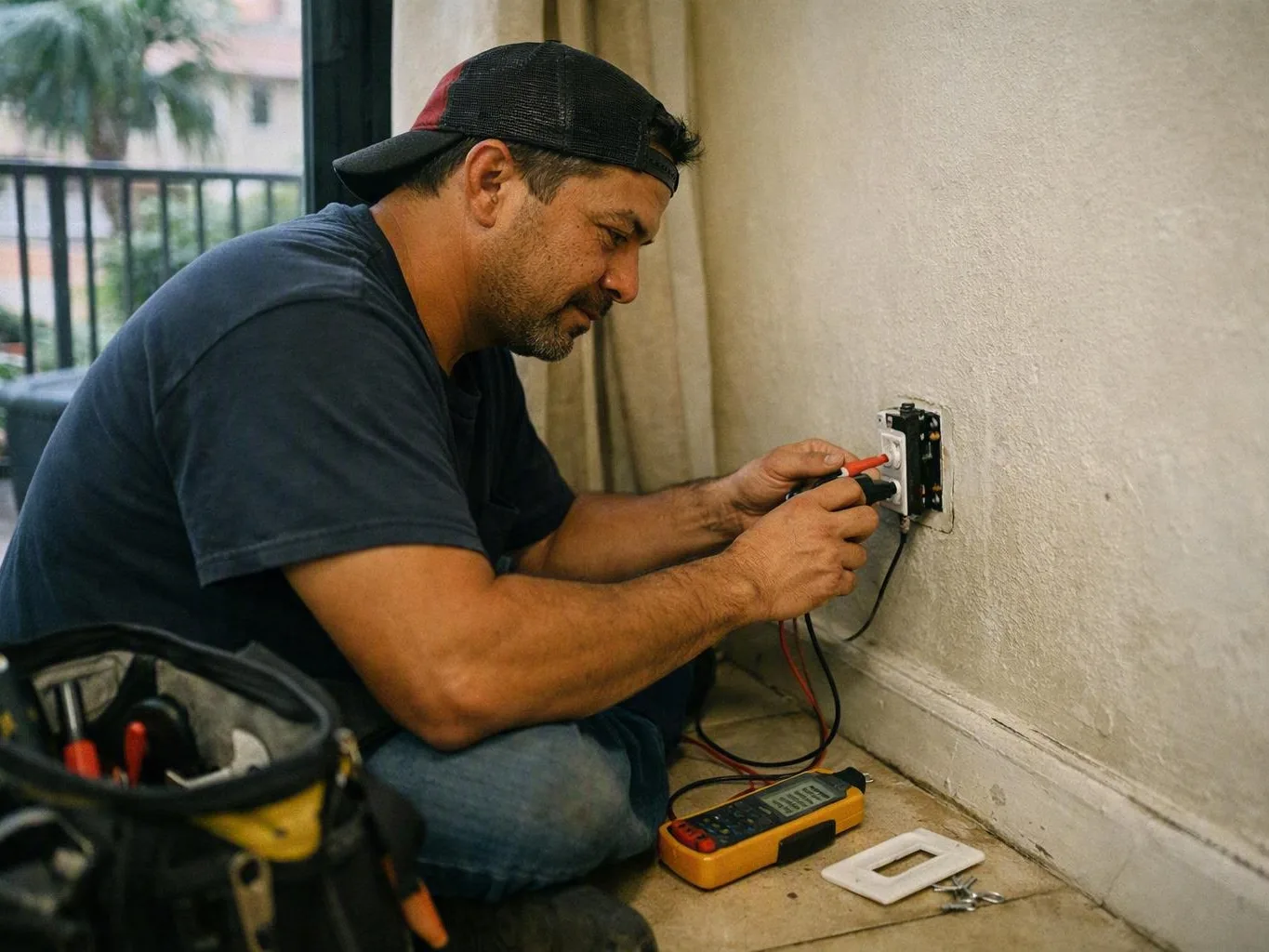 Technician kneels indoors testing a wall outlet with a multimeter and nearby