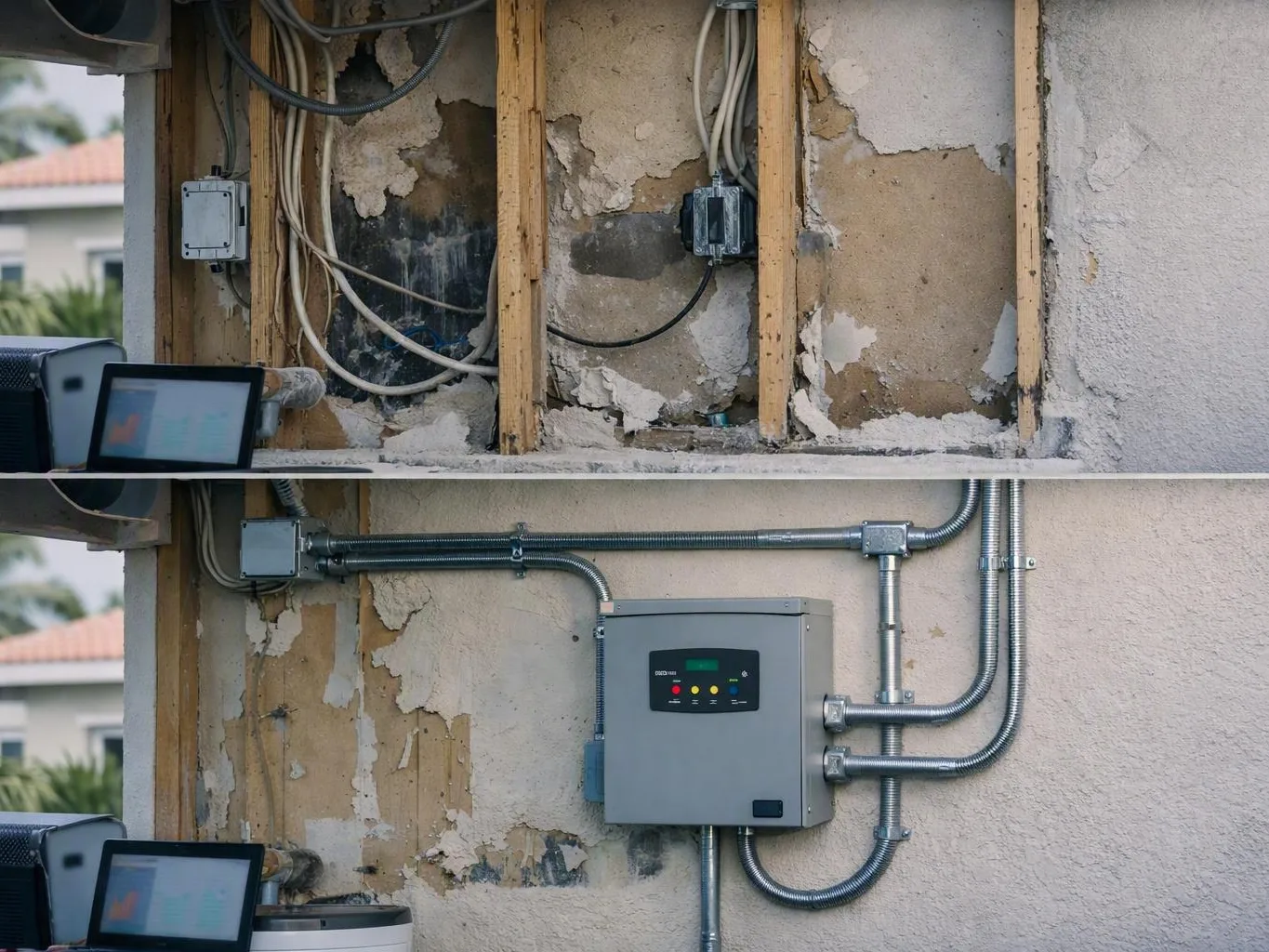 Damaged wall wiring above a mounted gray electrical control box with conduit
