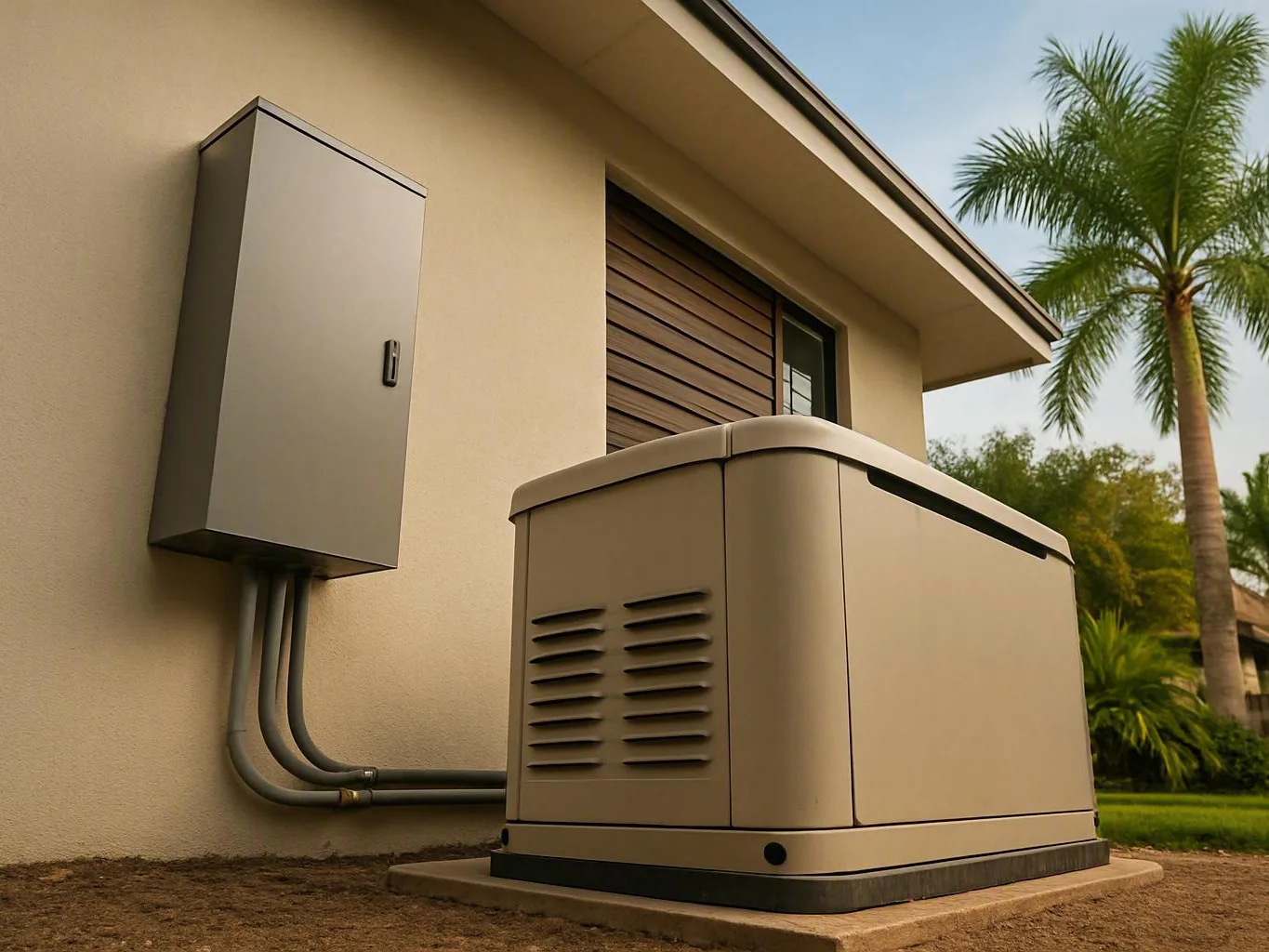 Gray electrical box beside a large outdoor generator at a beige home