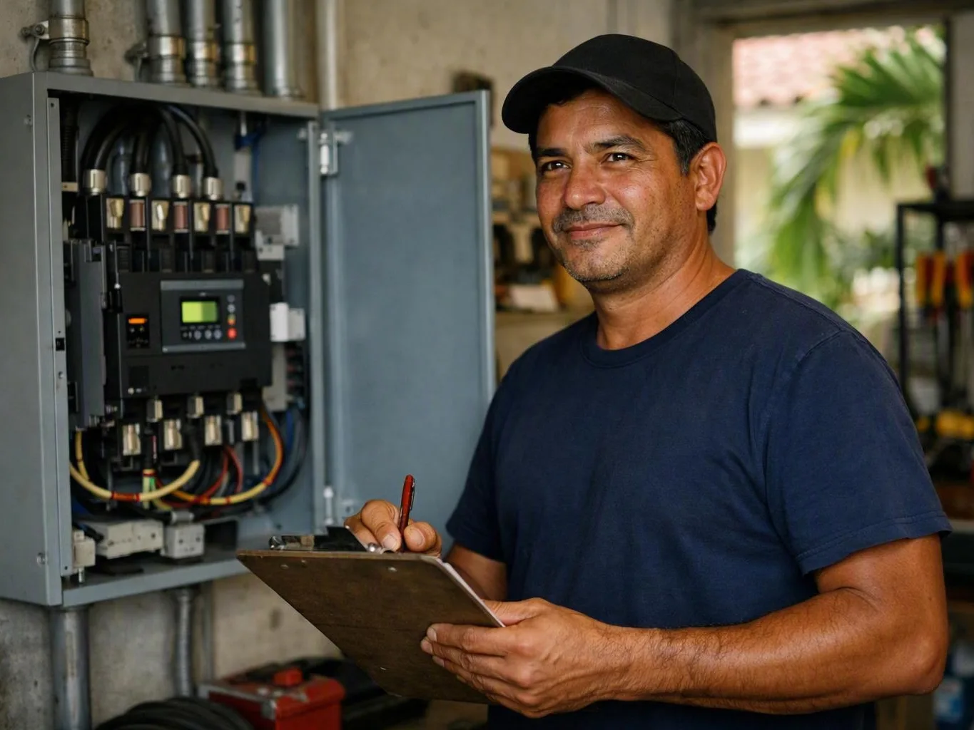 Electrician holding a clipboard beside an open electrical panel in a workshop