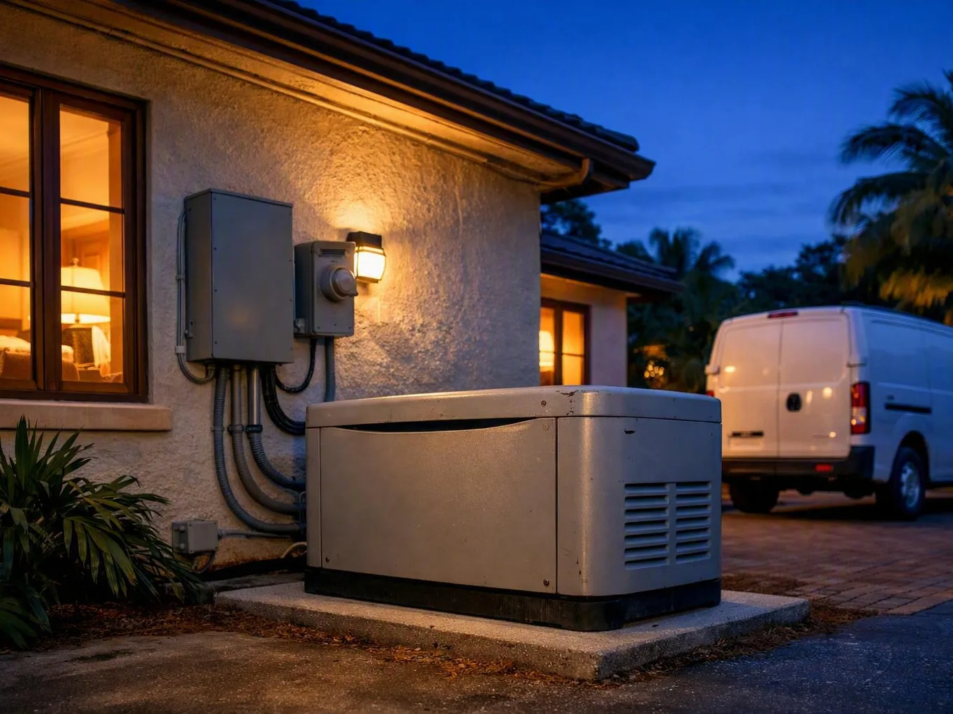 Home backup generator operating beside a lit house at dusk with a van