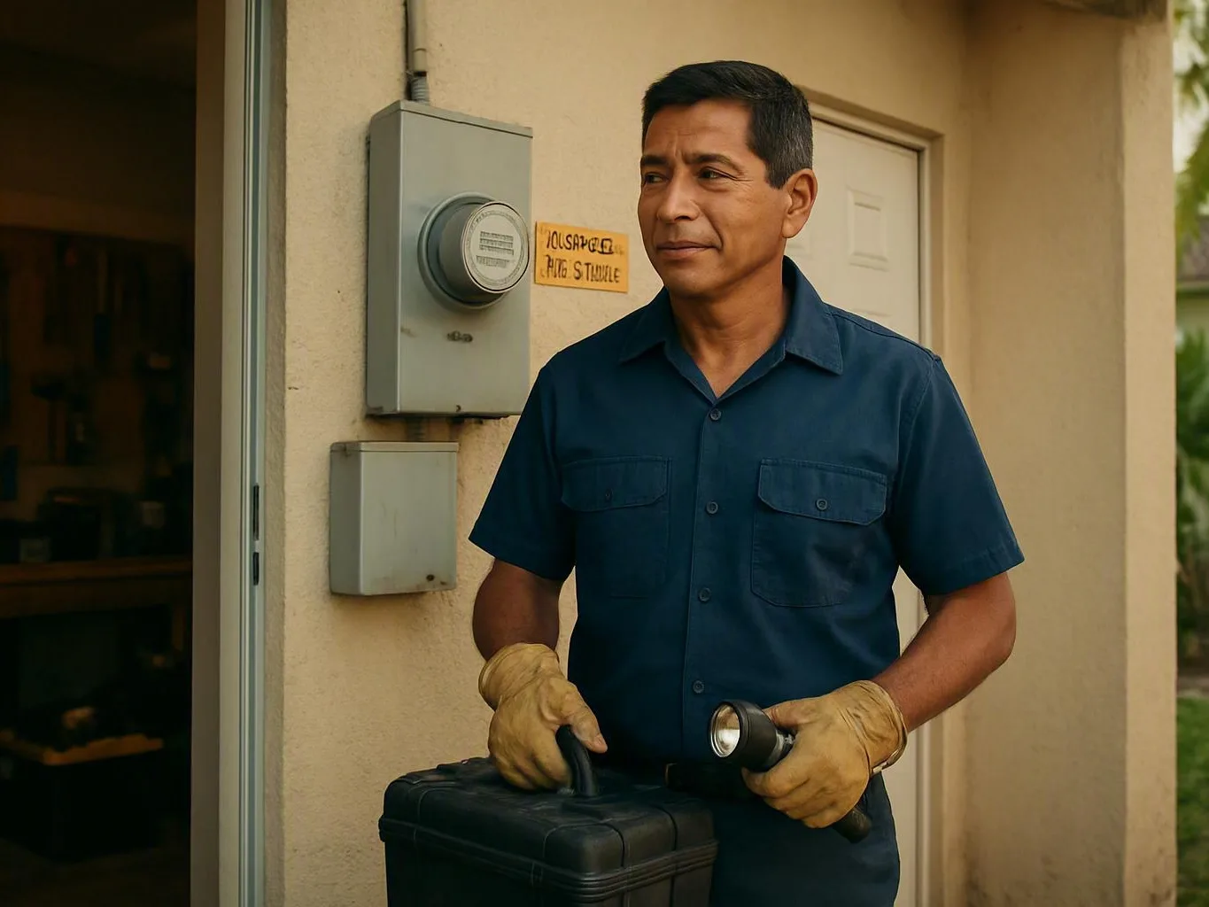 Technician in gloves stands outside a house holding a flashlight and black tool