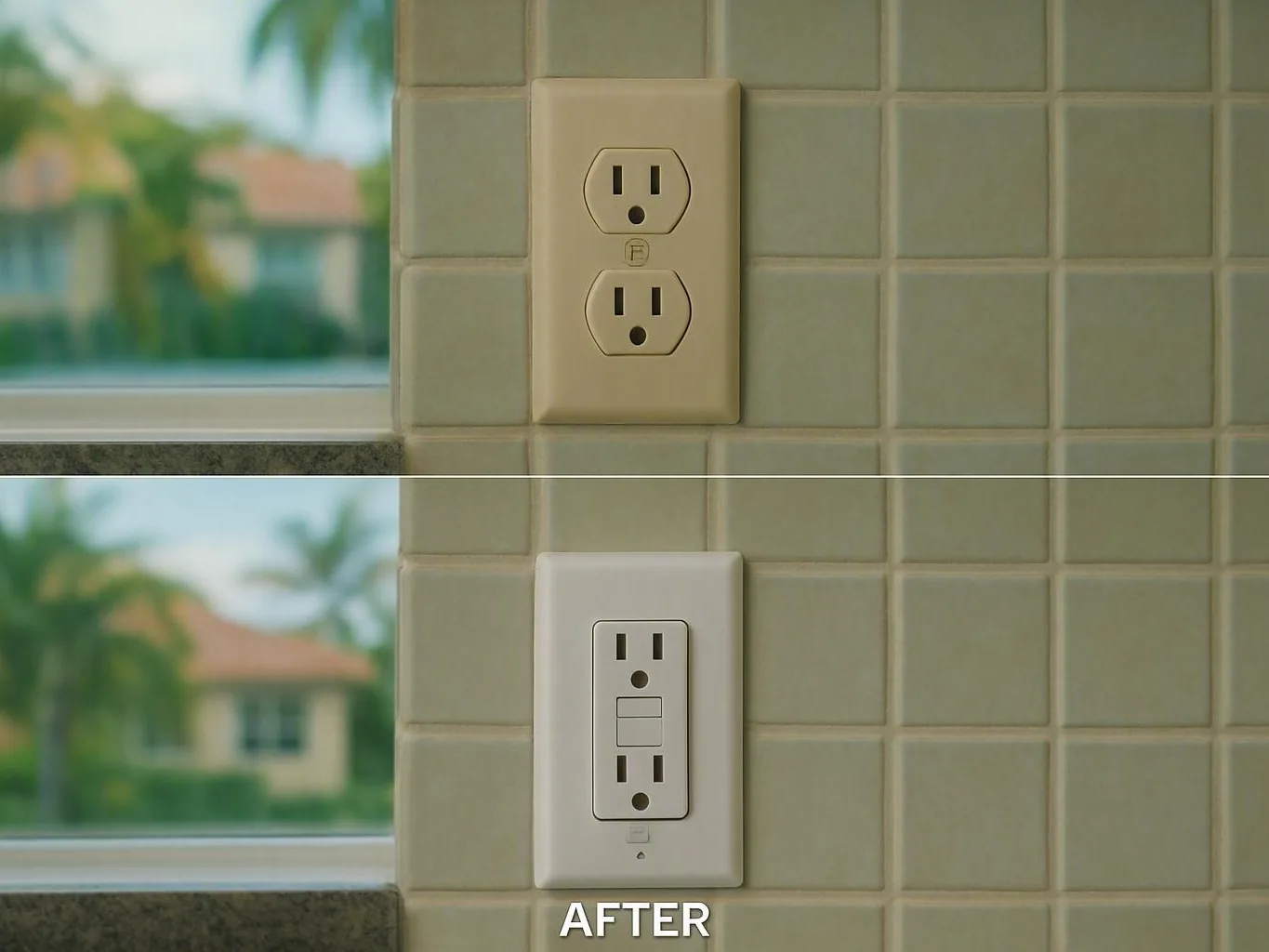 Old beige outlet compared with a white GFCI outlet labeled after installation