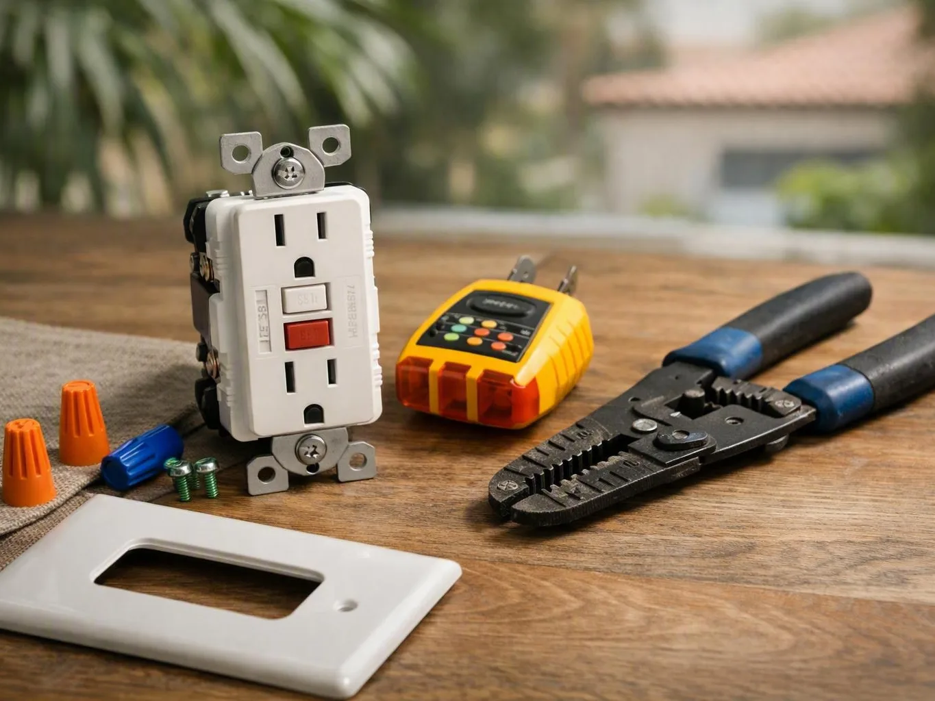 Electrical tools, wire connectors, voltage tester, and wall plate arranged on a