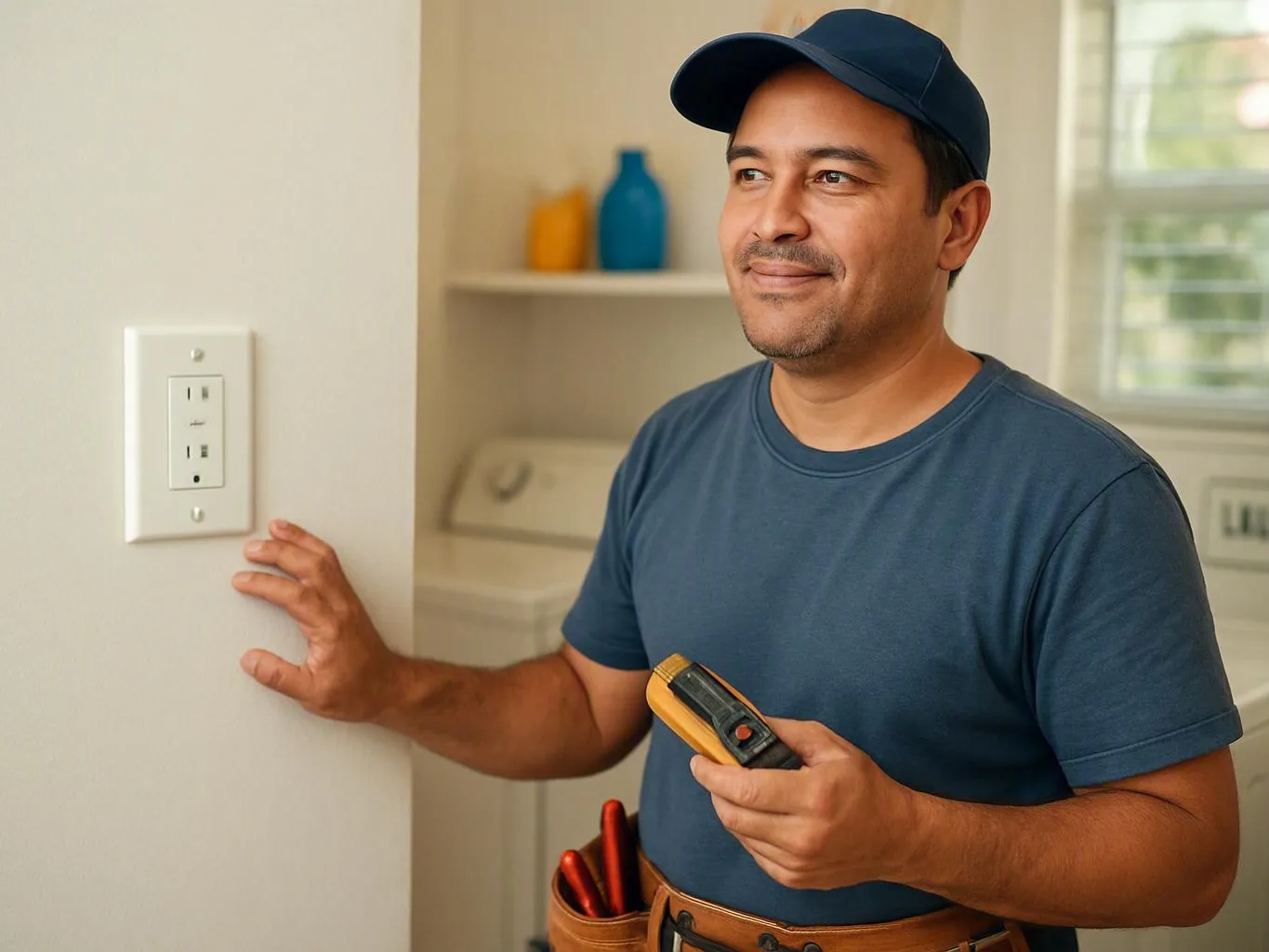 Electrician tests a wall outlet in a bright laundry room