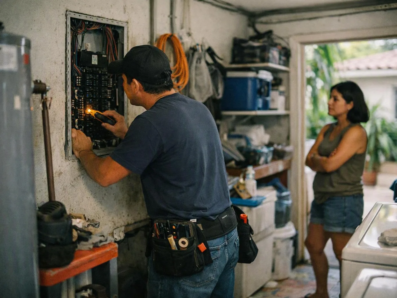 Electrician checking outdoor generator wiring after coastal rain