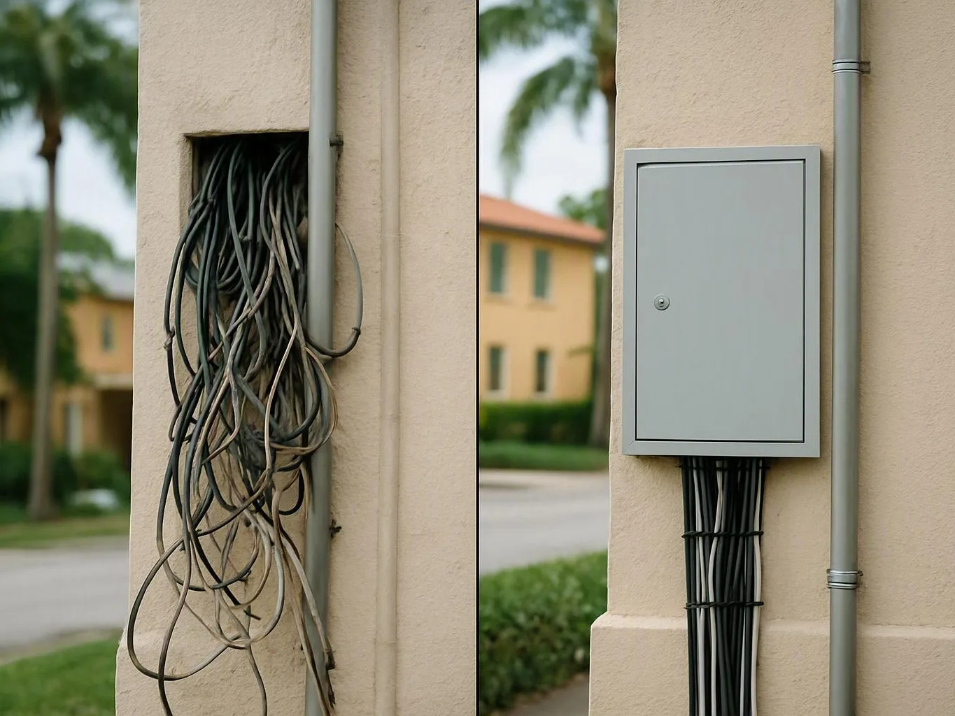 Tangled outdoor cables beside a stucco wall are rerouted neatly into a gray