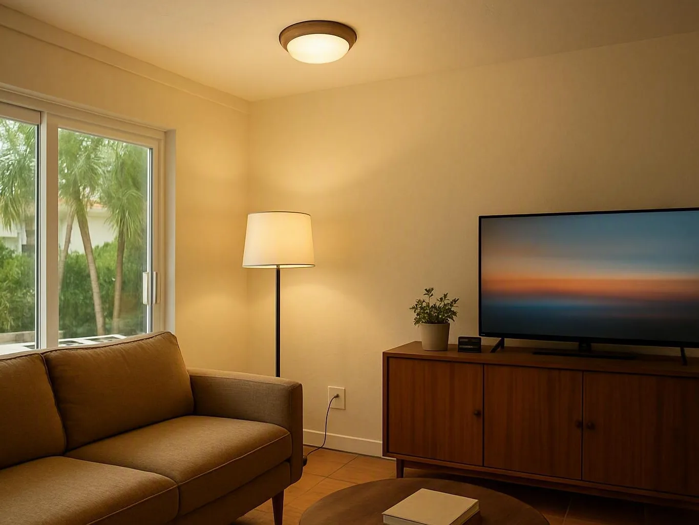 Cozy living room with sofa, floor lamp, television, cabinet, and palm trees