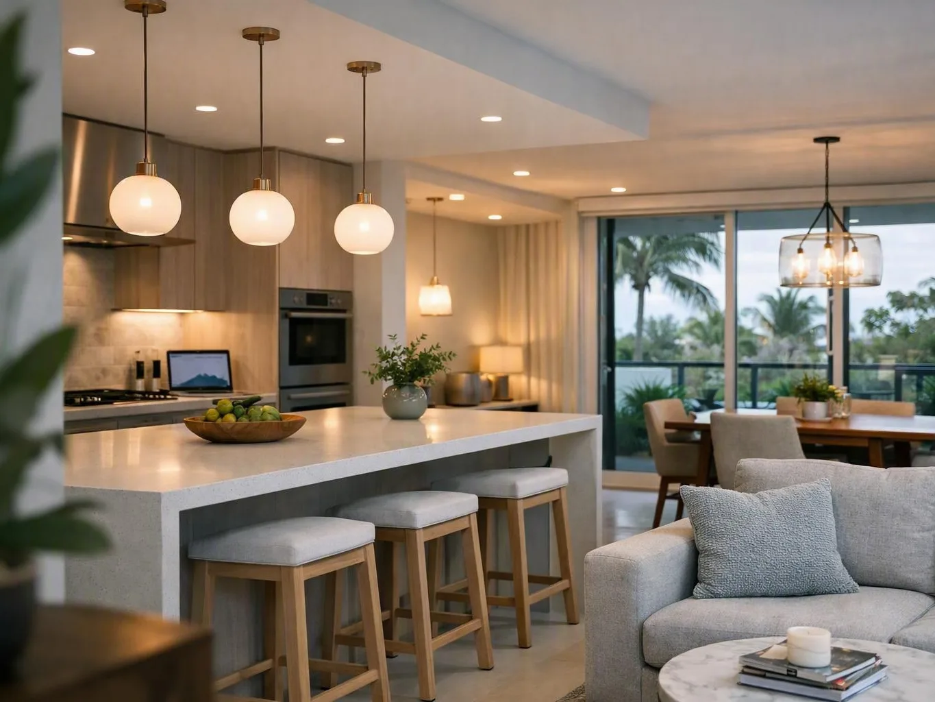 Modern open-plan kitchen and living room with pendant lights, island, and