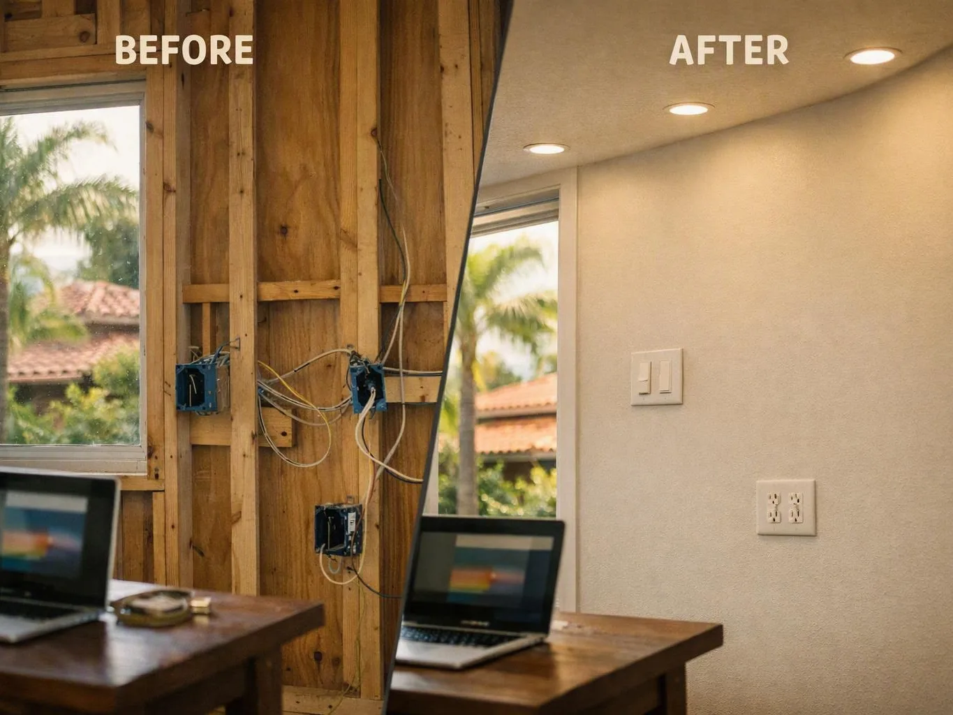 Split view shows exposed wall wiring beside a finished wall with outlets and