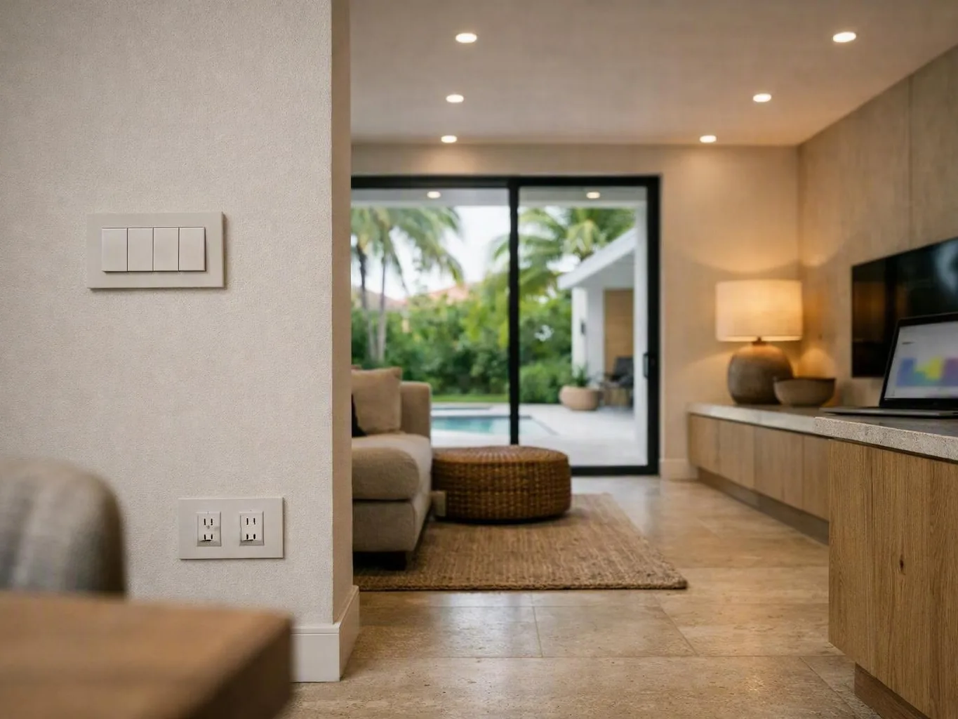 Modern living room opens through sliding glass doors to a pool and palm trees