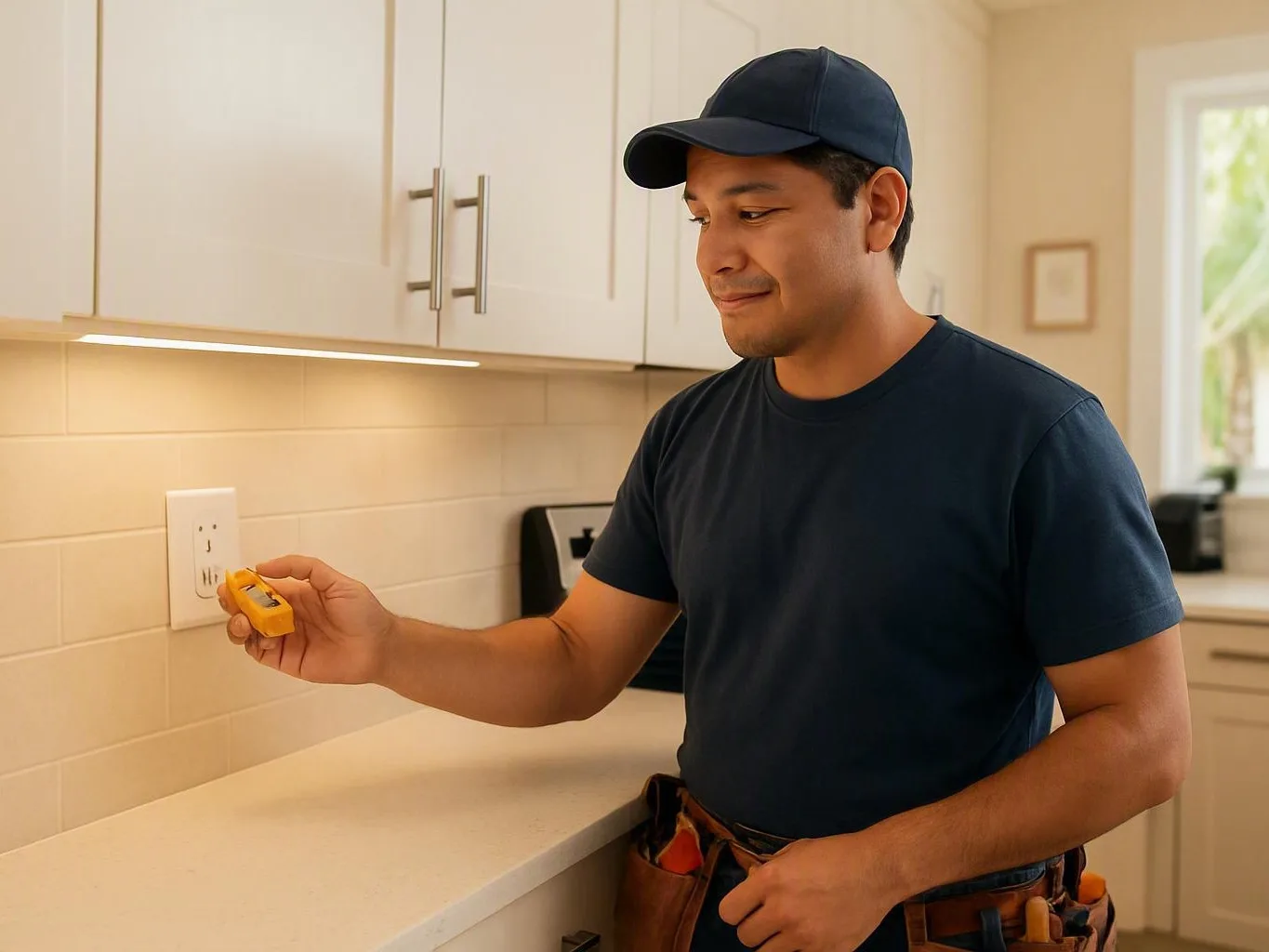 Man uses a yellow electrical tester near a kitchen wall outlet under white