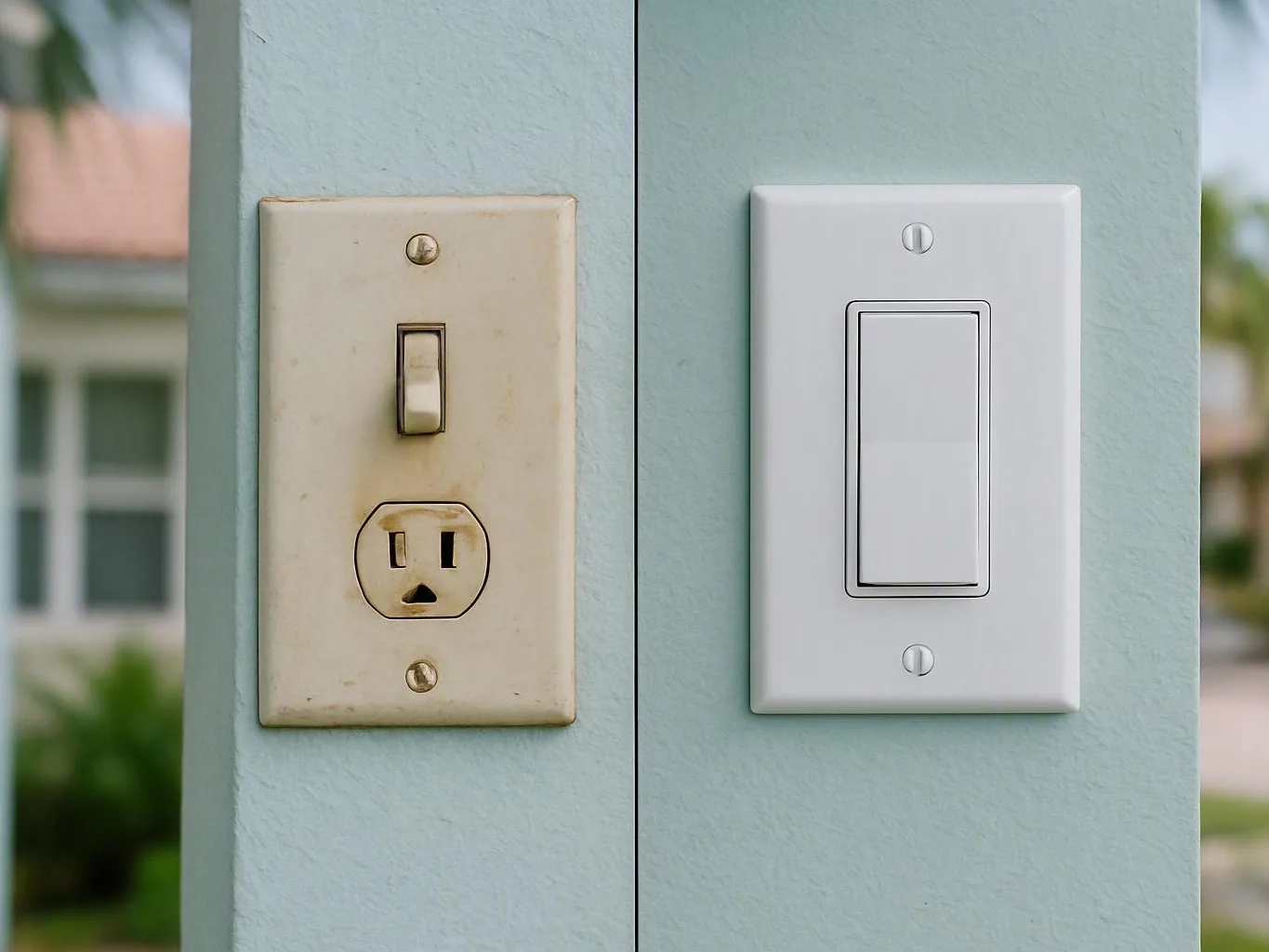 Old dirty wall switch beside a clean new switch on a pale blue wall