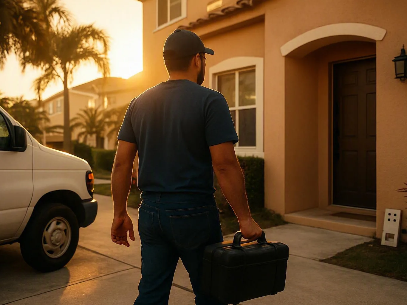 Electrician carries a black tool case toward a house at sunset with a service
