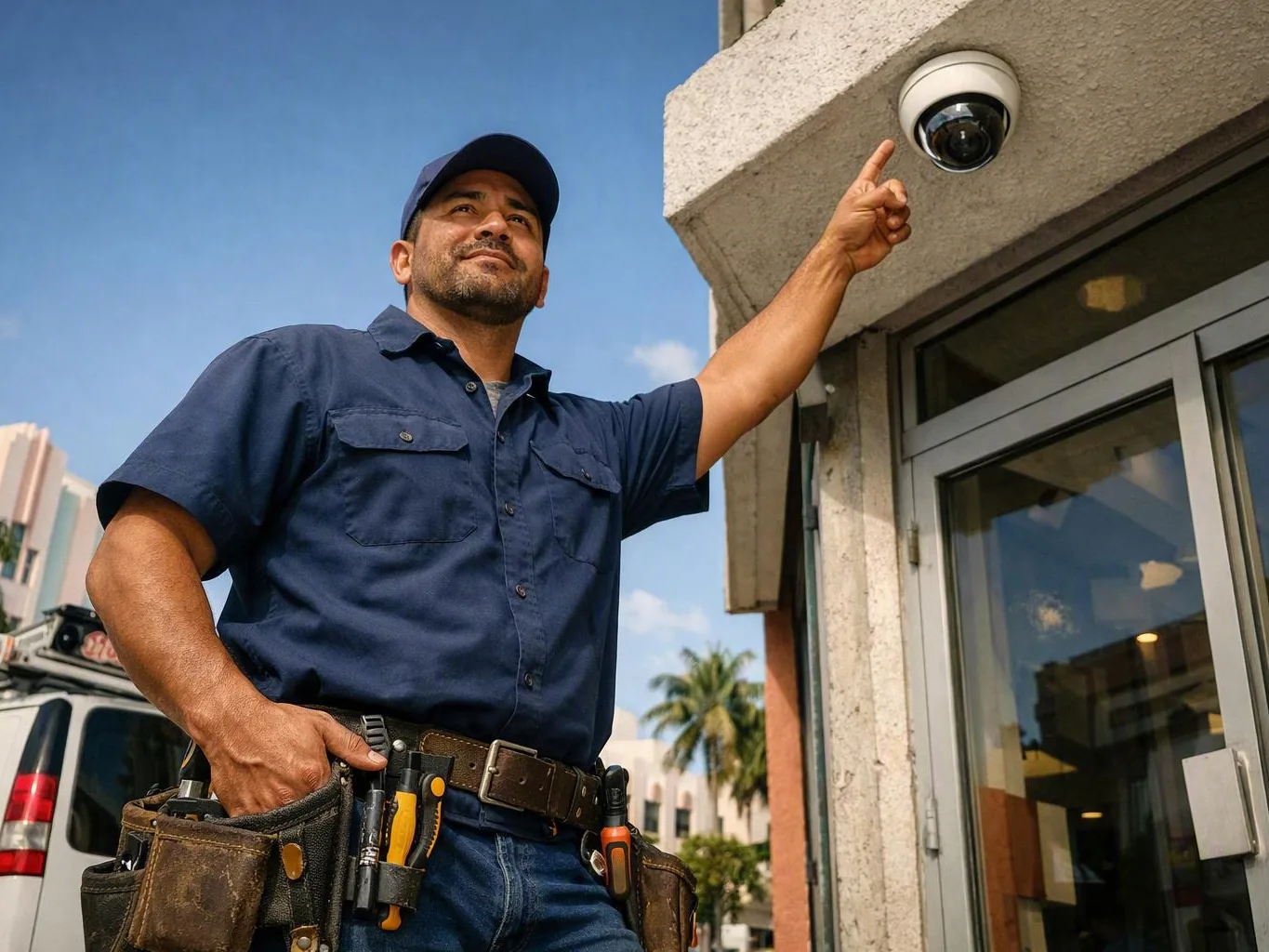 Technician points to a dome security camera above a glass door