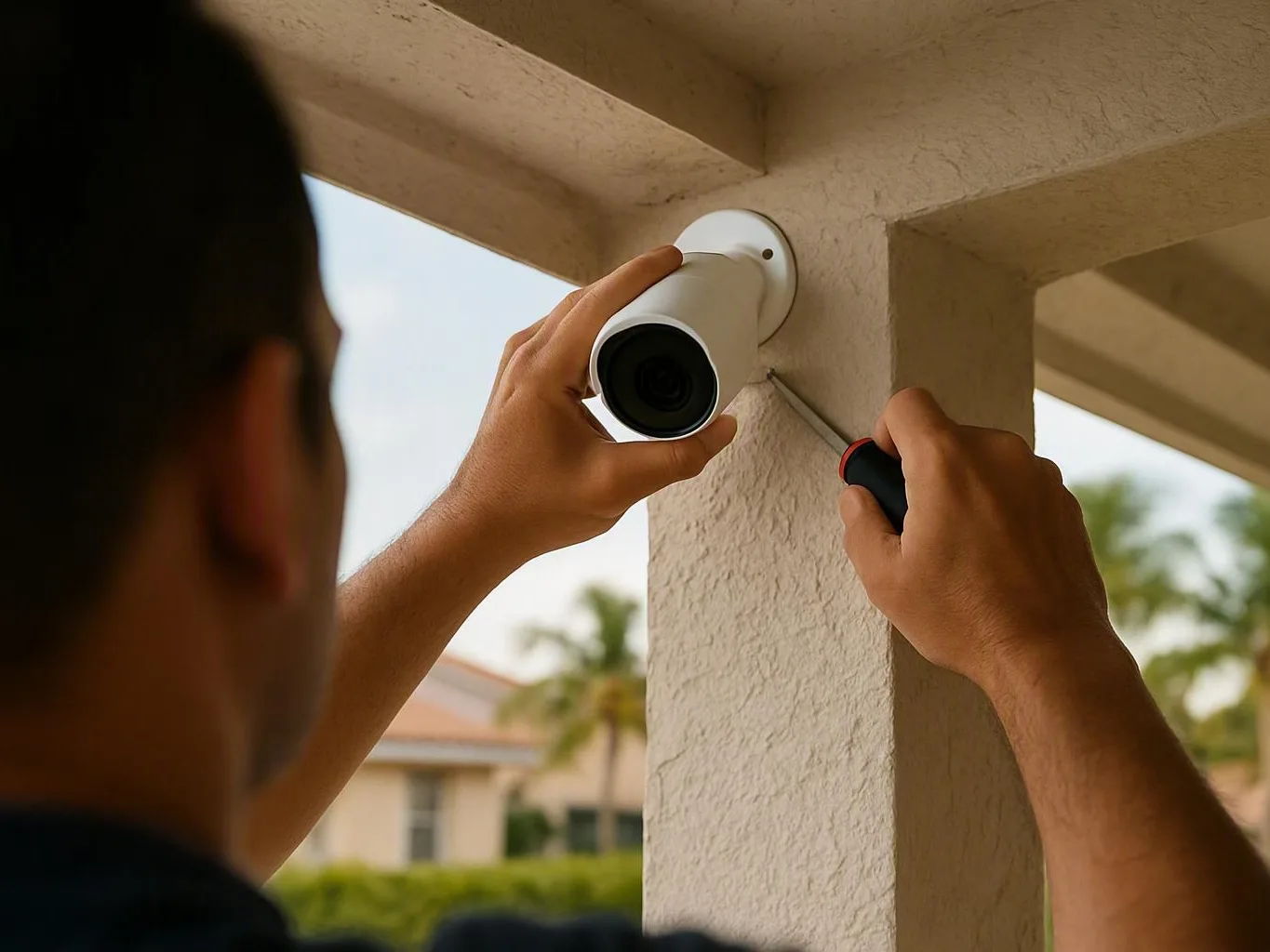 Electrician inspecting a circuit breaker panel during a Miami home service visit