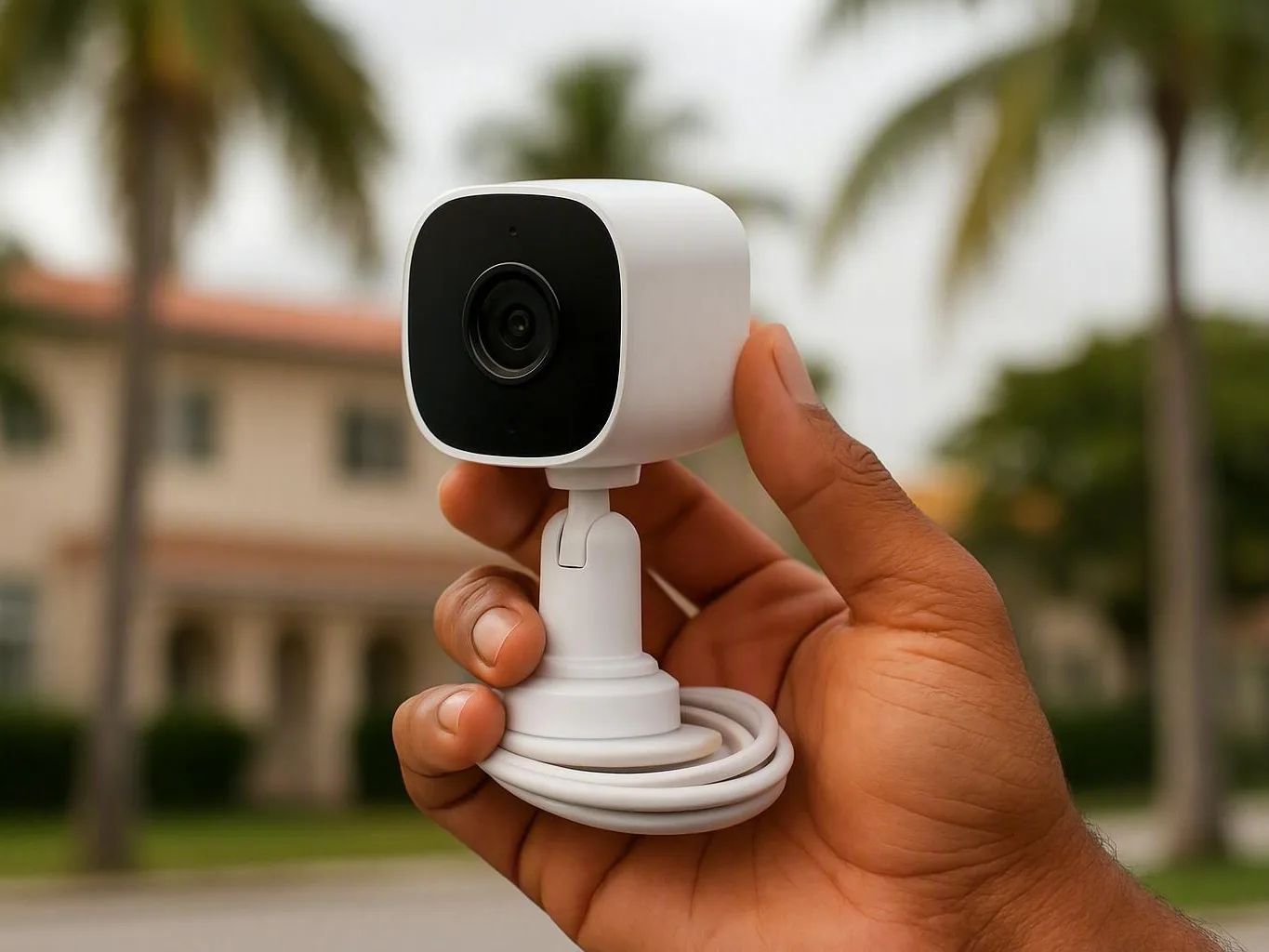 Hand holds a small white security camera and coiled cable outside a palm-lined