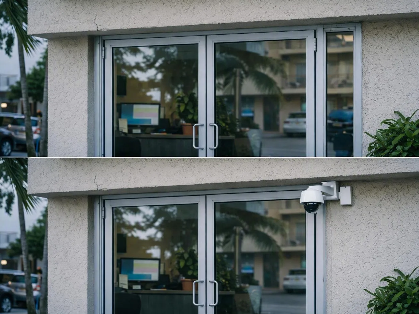 Building entrance with sliding glass doors and a security camera mounted above