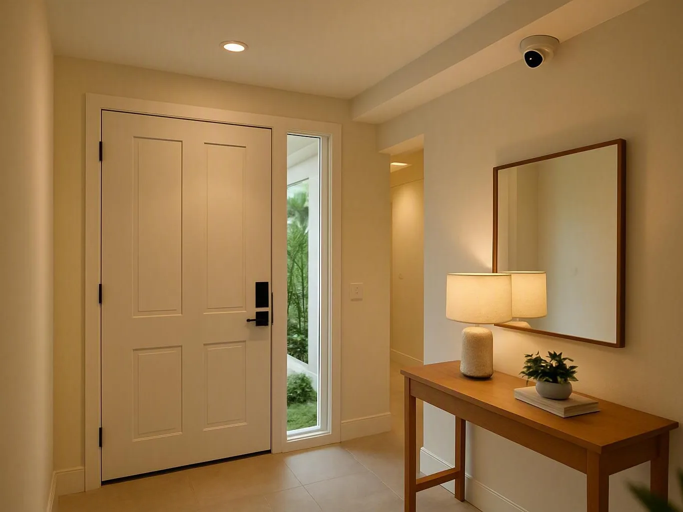 Bright home entryway with a white door, lamp, mirror, and ceiling security