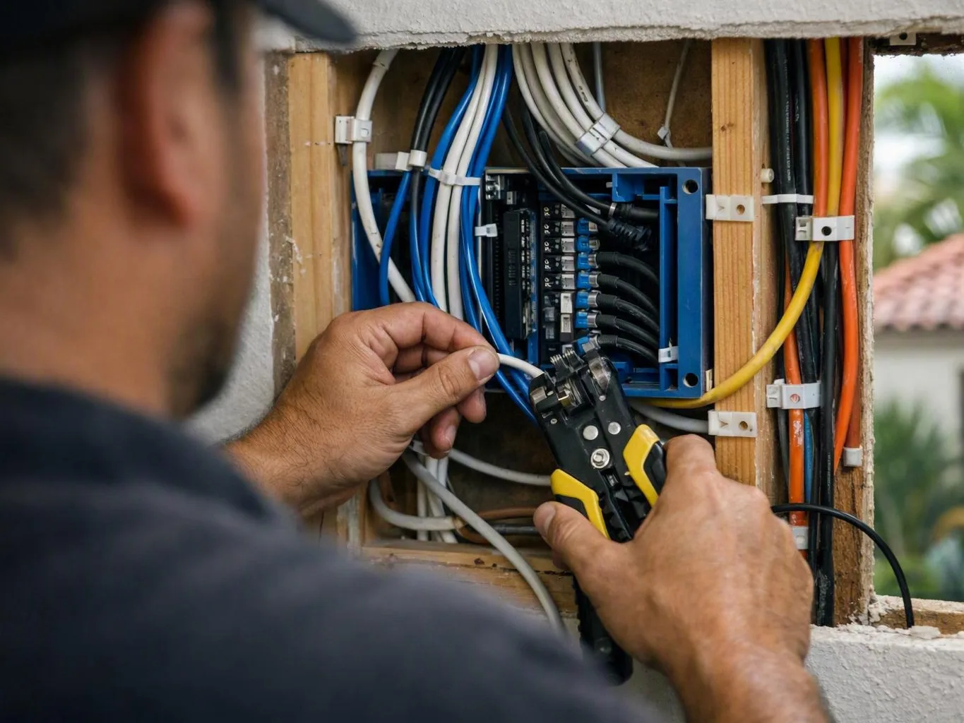 Electrician inspecting outdoor wiring after a rainstorm