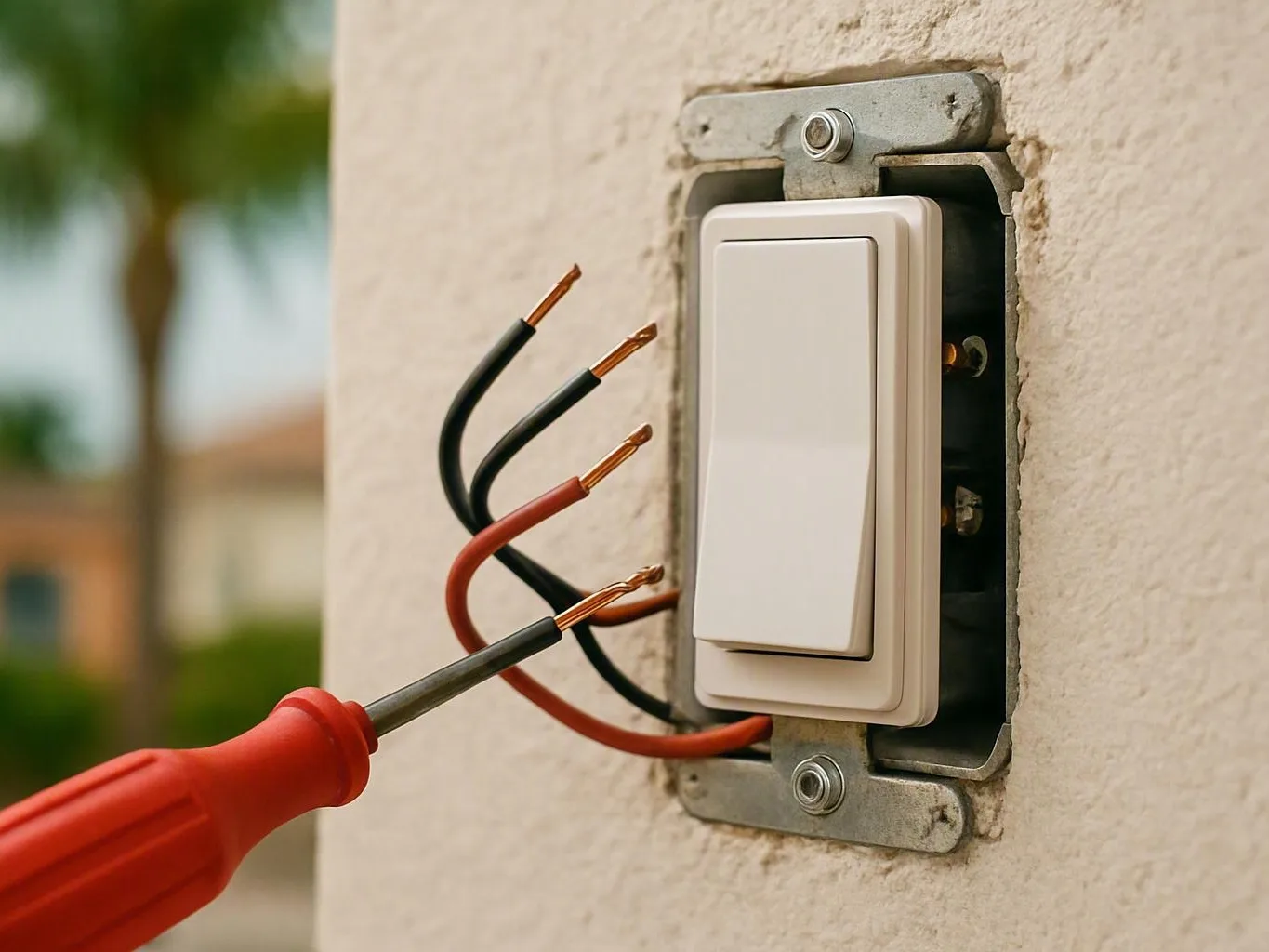Technician checking a generator transfer switch at a home