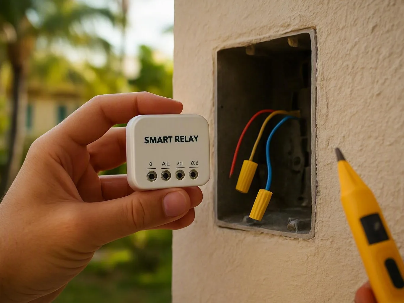 Hand holds a smart relay beside loose wires and a yellow electrical tester