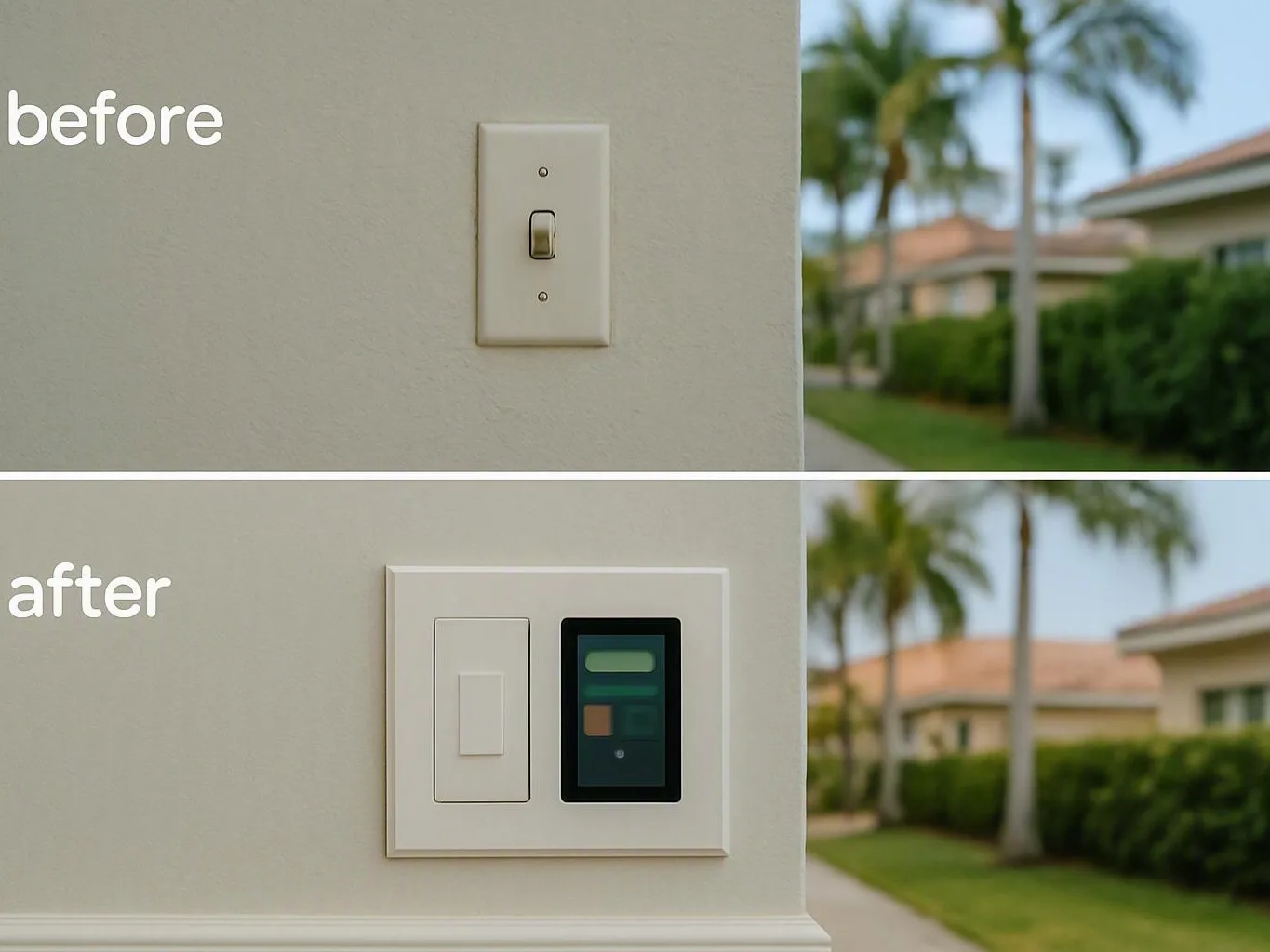 Modern wall control panel replaces an older switch beside a house with palm