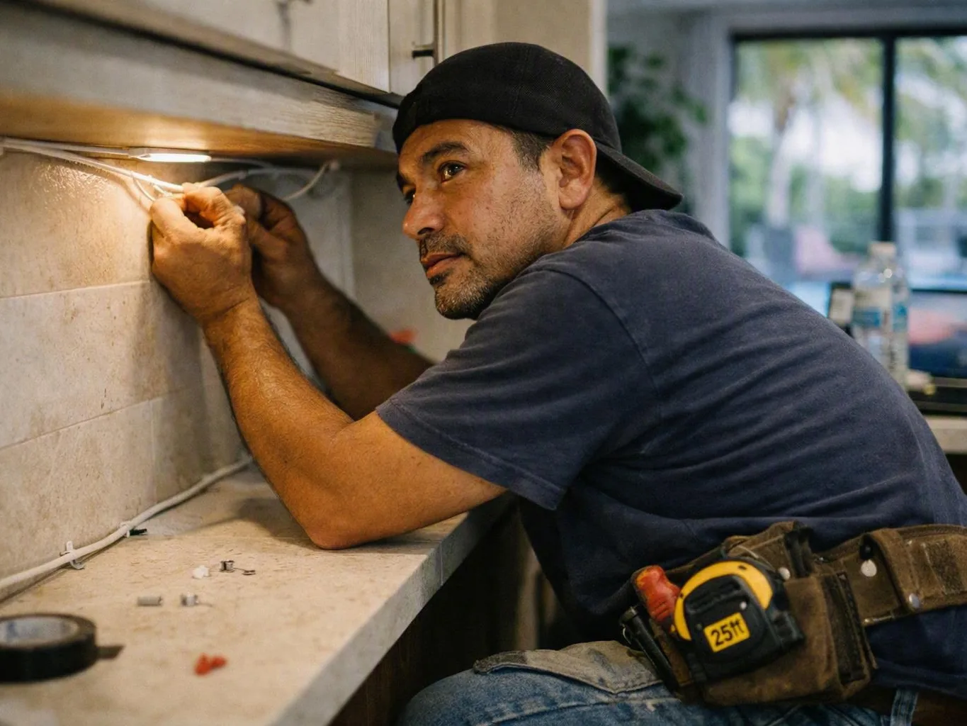 Technician installs wires beneath a kitchen cabinet beside a lit countertop