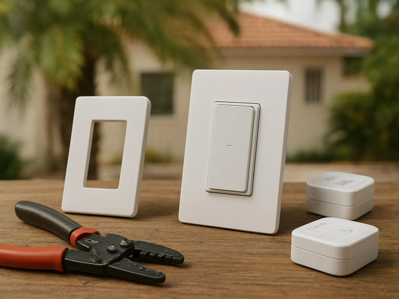 Wall switch parts and wire cutters rest on an outdoor wooden table