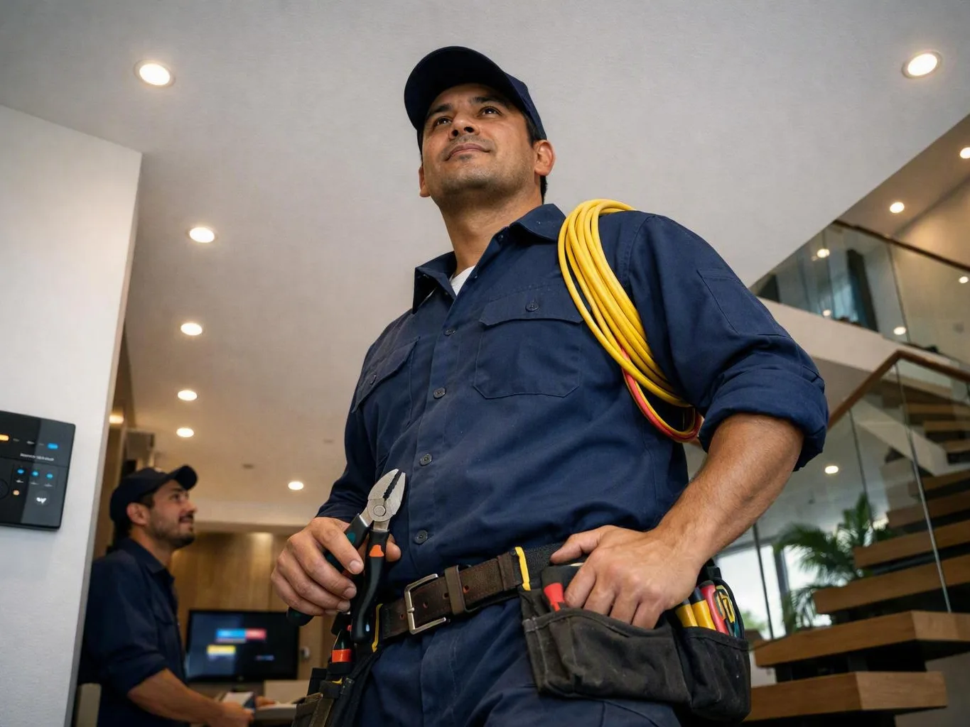 Technician in navy uniform holds pliers with coiled yellow cables over his