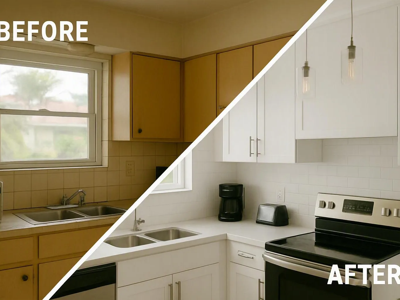 Kitchen renovation comparison showing old yellow cabinets beside updated white
