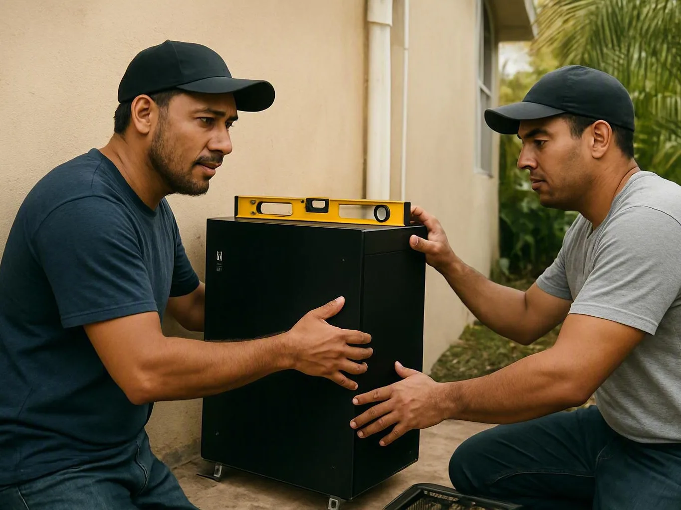 Two electricians level a black electrical cabinet beside a house wall