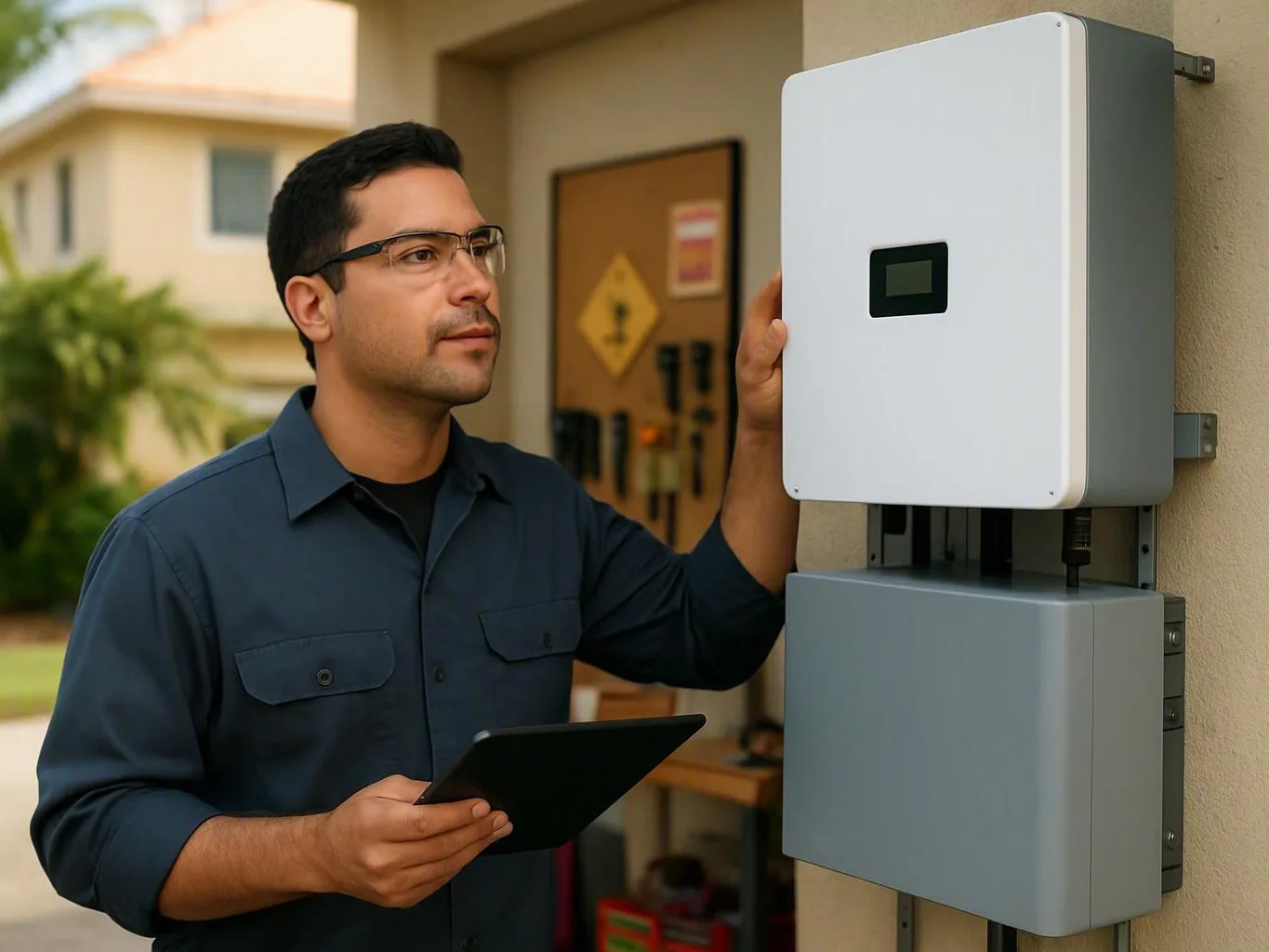 Electrician inspecting a wall-mounted electrical box with a tablet outside a