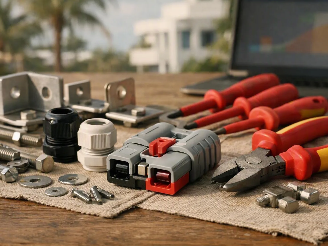Electrical connectors, screws, washers, and red-handled pliers arranged on an
